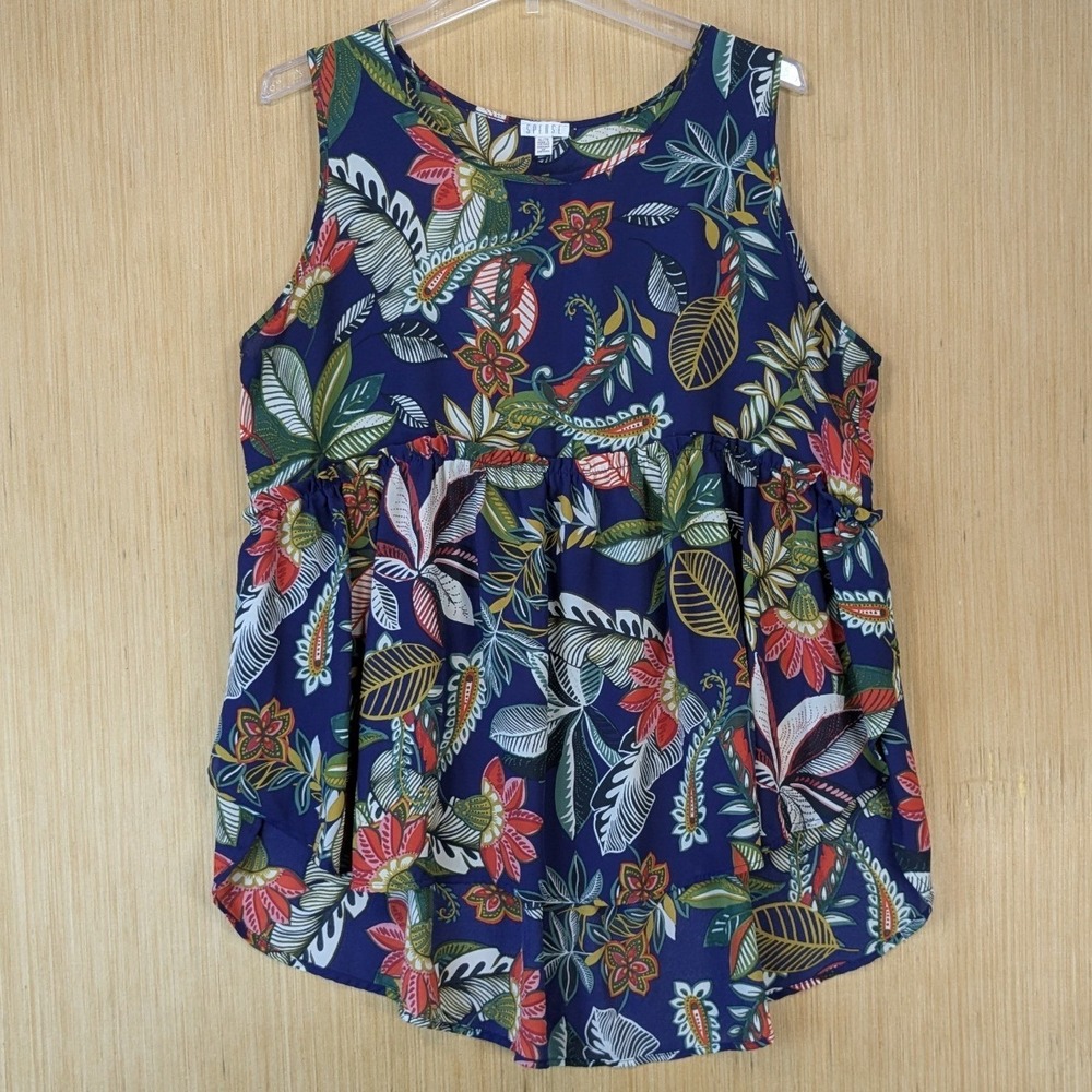 Spense Womens Tropical Floral Babydoll Resort High Low Blouse Top XL Navy Blue